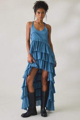 AllSaints AllSaints Cavalry Crepe Twist Strap Tiered Ruffle High-Low Maxi Dress in Blue, Women's at Urban Outfitters
