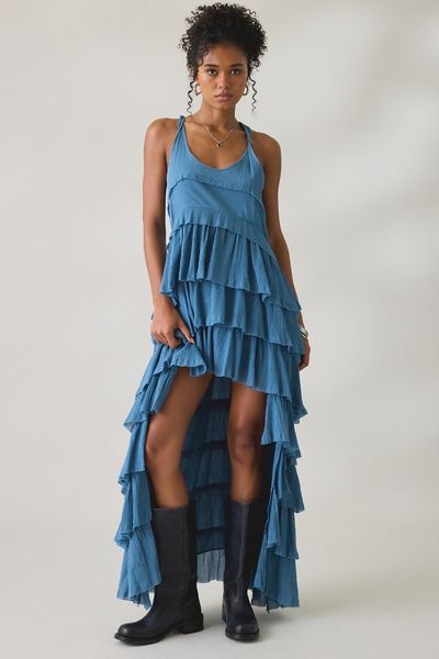 AllSaints AllSaints Cavalry Crepe Twist Strap Tiered Ruffle High-Low Maxi Dress in Blue, Women's at Urban Outfitters