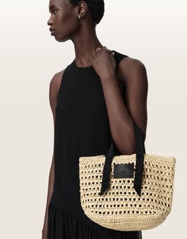 AllSaints AllSaints Celayne raffia woven mesh logo shoulder bag in off white