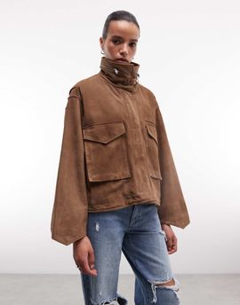 AllSaints AllSaints Clay funnel neck cropped suede jacket in walnut brown
