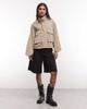 AllSaints AllSaints Clay suede leather funnel neck jacket with pocket detailing in beige-Neutral - 2