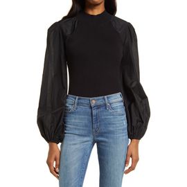 AllSaints AllSaints Cleo Mixed Media Balloon Sleeve Cotton Blend Blouse