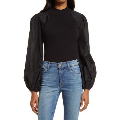 AllSaints AllSaints Cleo Mixed Media Balloon Sleeve Cotton Blend Blouse