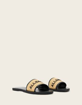 AllSaints AllSaints Hoxton textured one strap logo sandals in black/natural brown