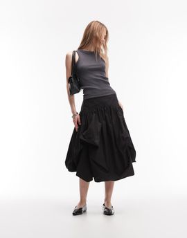 AllSaints AllSaints juniper dropped waist asymmetric volume midi skirt in black