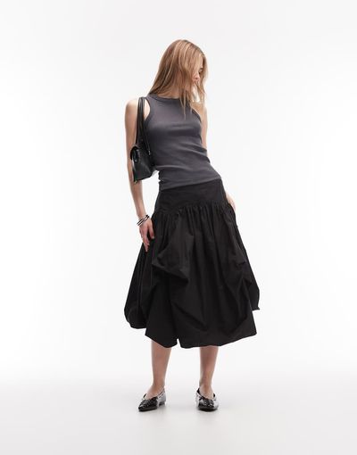 AllSaints AllSaints juniper dropped waist asymmetric volume midi skirt in black