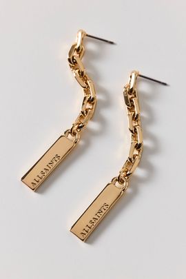 AllSaints AllSaints Logo Etched Chain Link Drop Earrings in Gold, Women's at Urban Outfitters