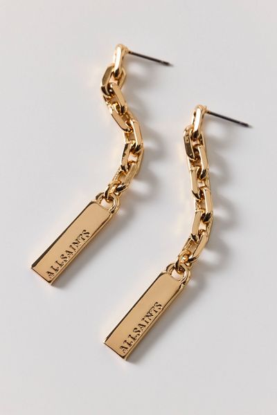AllSaints AllSaints Logo Etched Chain Link Drop Earrings in Gold, Women's at Urban Outfitters