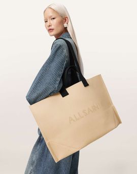 AllSaints AllSaints Lutece knit logo tote bag in off white