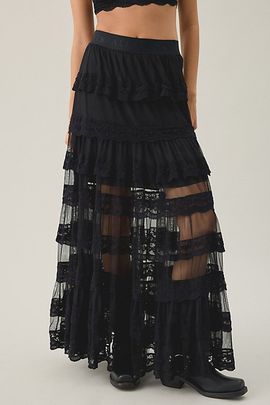 AllSaints AllSaints Maggie Semi-Sheer Tiered Lace Maxi Skirt in Black, Women's at Urban Outfitters