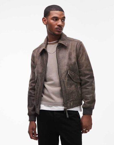 AllSaints AllSaints Marland zip up leather aviator jacket in washed black