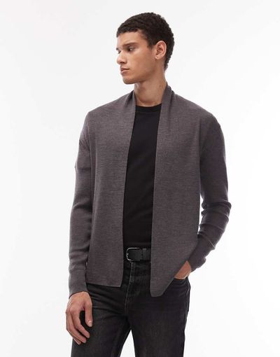 AllSaints AllSaints Mode merino wool open knit logo cardigan in charcoal gray