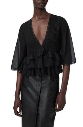 AllSaints AllSaints Plunge Neck Tiered Ruffle Lace Trim Top