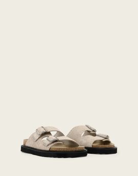 AllSaints AllSaints Randal double strap buckle fuzzy suede sandals in gray