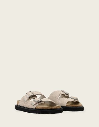 AllSaints AllSaints Randal double strap buckle fuzzy suede sandals in gray