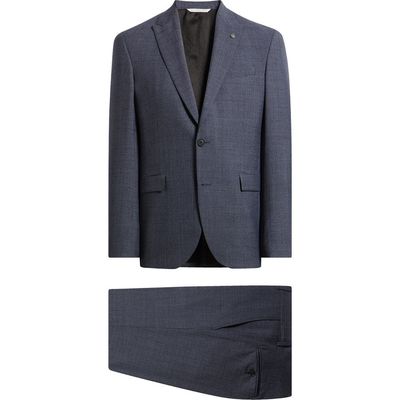 AllSaints AllSaints Rawdon Slim Fit Mid Blue Wool Tick Weave Peak Lapel Suit 