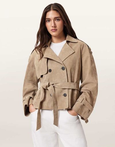 AllSaints AllSaints reed short belted suede trench coat in taupe-Brown