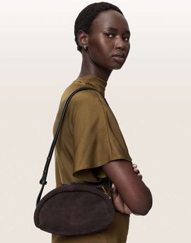 AllSaints AllSaints Rosalie Arc suede leather crossbody bag in dark brown