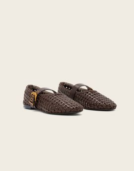 AllSaints AllSaints Sabine leather woven ballet flats with gold buckle strap in brown