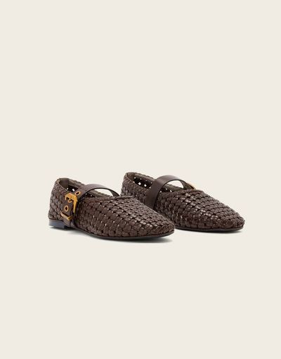 AllSaints AllSaints Sabine leather woven ballet flats with gold buckle strap in brown