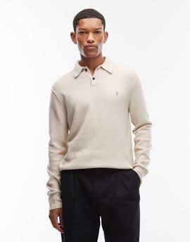 AllSaints AllSaints Statten long sleeve logo knit polo sweater in white