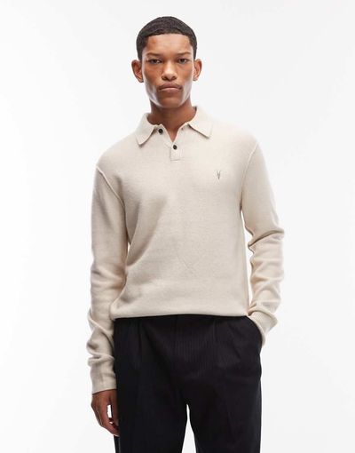 AllSaints AllSaints Statten long sleeve logo knit polo sweater in white