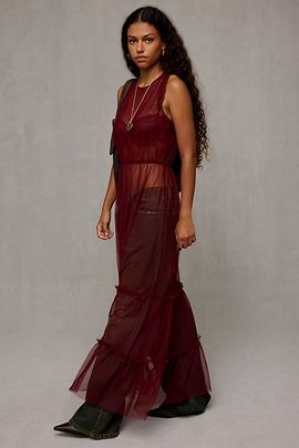 AllSaints AllSaints Terra Tiered Sheer Mesh Maxi Dress in Maroon, Women's at Urban Outfitters