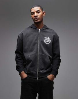 AllSaints AllSaints Terra zip up graphic logo hoodie in washed black
