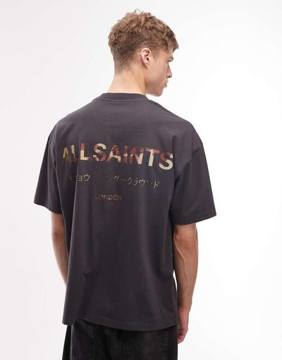 AllSaints AllSaints Underground cow print logo t-shirt with back and chest print in washed black
