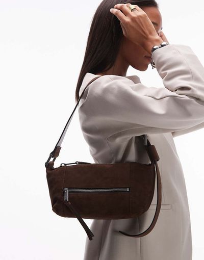 AllSaints Allsaints Vega suede mini shoulder bag in brown