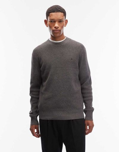 AllSaints AllSaints waffle knit crew neck logo sweater in charcoal gray