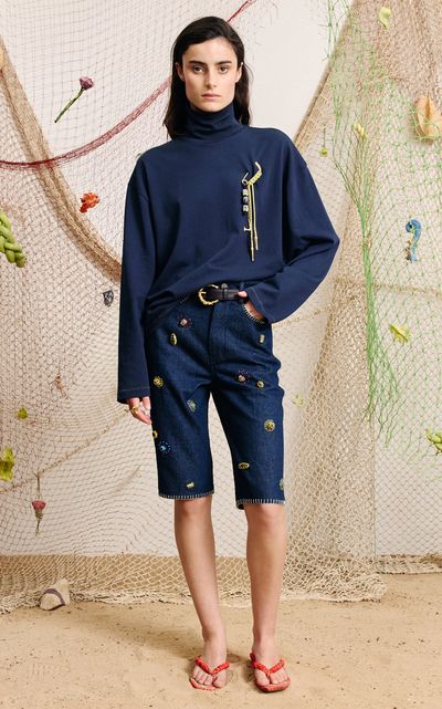 ALÉMAIS ALÉMAIS Celestine Embellished Denim Bermuda Shorts
