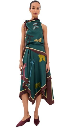 ALÉMAIS ALÉMAIS Rosette Silk Scarf Midi Dress Teal