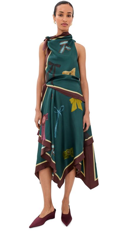 ALÉMAIS ALÉMAIS Rosette Silk Scarf Midi Dress Teal