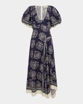 ALÉMAIS Banderra Asymmetric Puff-Sleeve Midi Dress