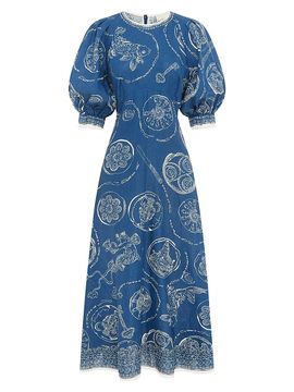 Alémais Women's Lucky Printed Linen Puff-Sleeve Midi-Dress