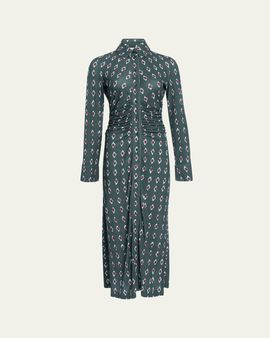 Altuzarra Claudia Diamond-Print Long-Sleeve Ruched Midi Shirtdress