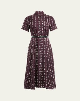 Altuzarra Kiera Diamond-Print Silk Short-Sleeve Midi Shirtdress