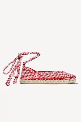 Amambaih Amambaih Magda Handwoven Espadrille Ballet Sleep-Ons Flat with Lace Up Ankle Tie