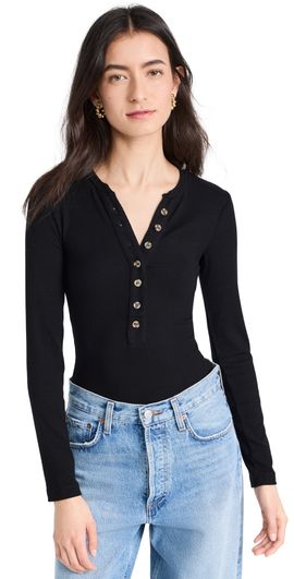 Ambitionist Ambitionist Button Up Ribbed Henley Thong Bodysuit Black