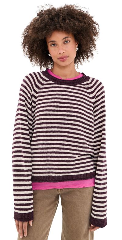 American Vintage American Vintage Round Neck Long Sleeves Sweater Rayures Aubergine Et Rose Pale