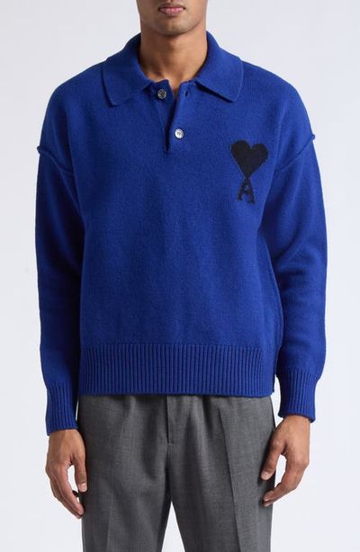 AMI PARIS AMI PARIS Ami de Coeur Monogram Felted Wool Polo Sweater
