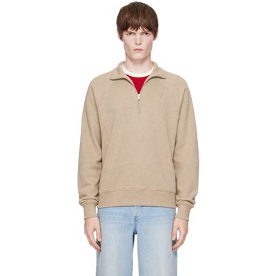 AMI Paris AMI Paris Beige Cotton Zipped Embossed Ami de Coeur Sweatshirt