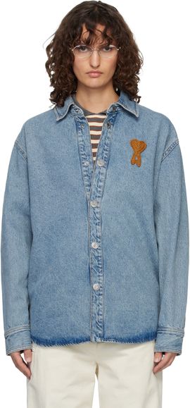 AMI Paris AMI Paris Blue Cotton Knitted Ami de Coeur Denim Overshirt