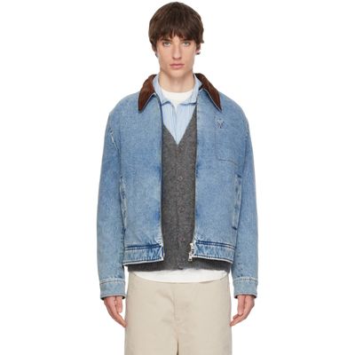 AMI Paris AMI Paris Blue Zipped Ami de Coeur Velvet Collar Denim Jacket