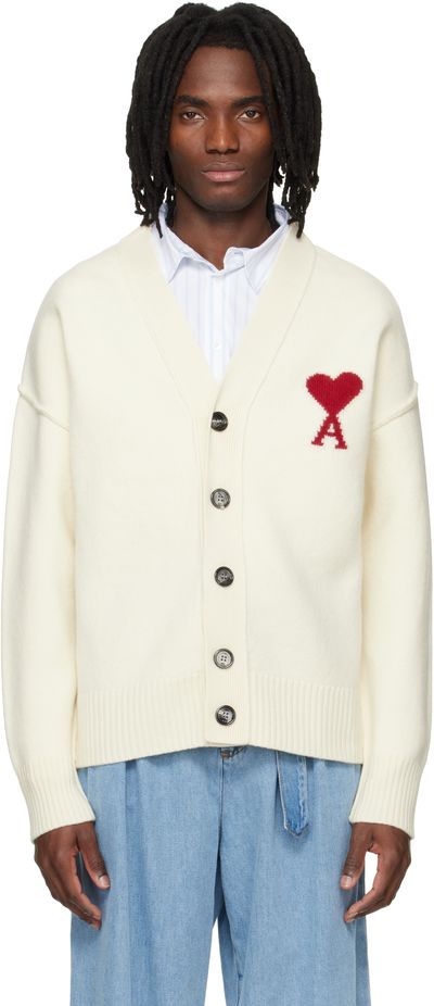 AMI Paris AMI Paris Off-White Wool Contrasted Ami de Coeur Cardigan