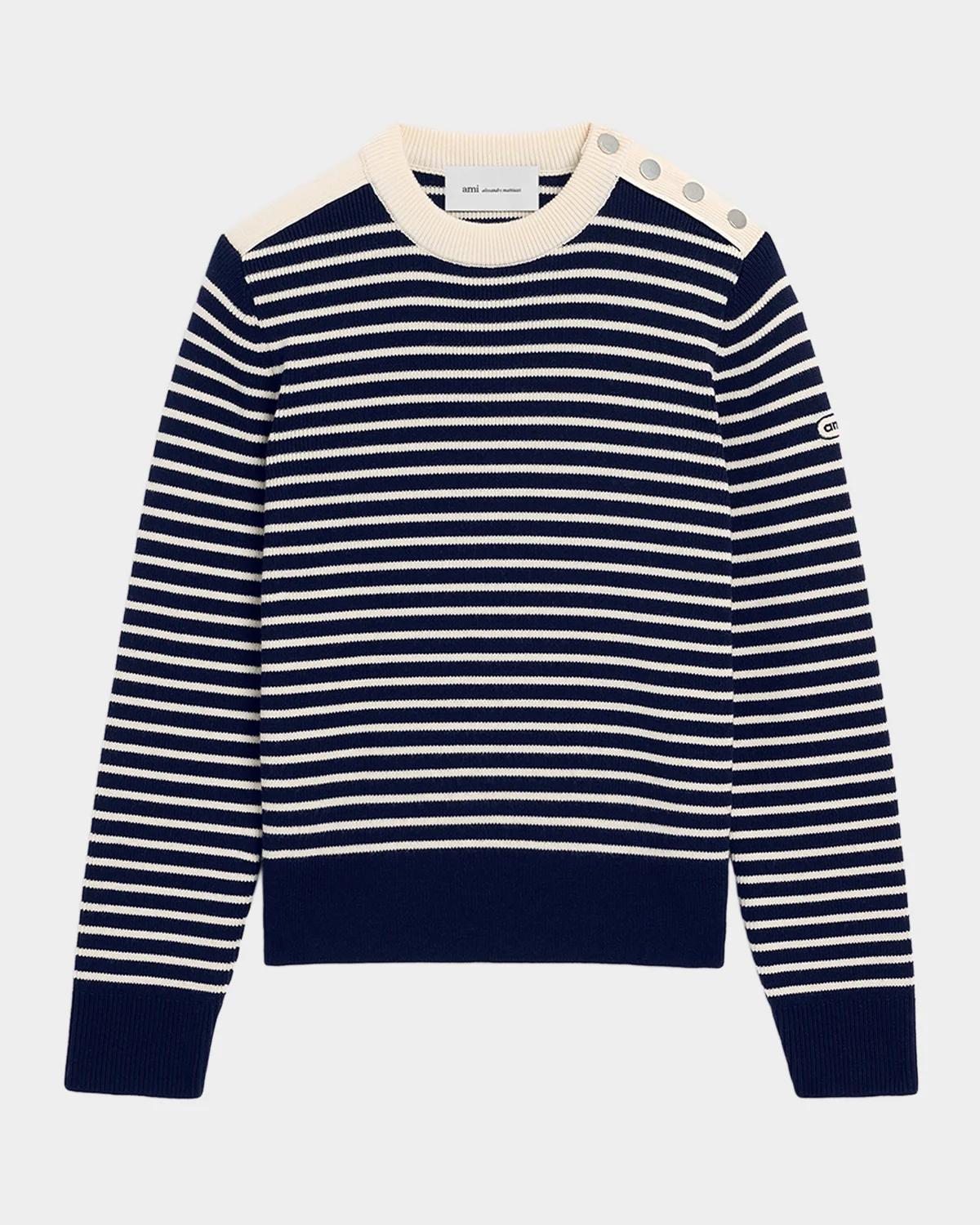 Ami Paris Button-Shoulder Striped Wool Crewneck Sweater