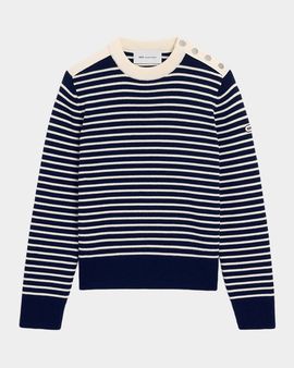Ami Paris Button-Shoulder Striped Wool Crewneck Sweater