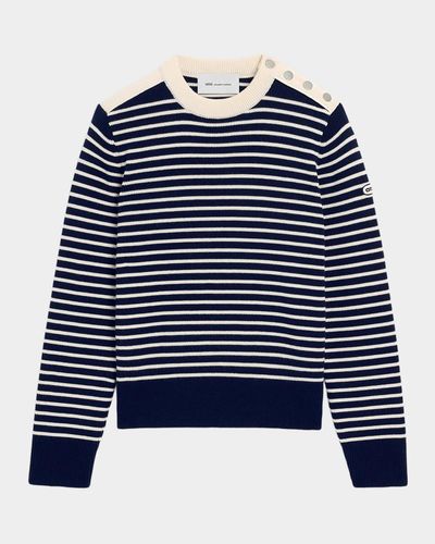 Ami Paris Button-Shoulder Striped Wool Crewneck Sweater