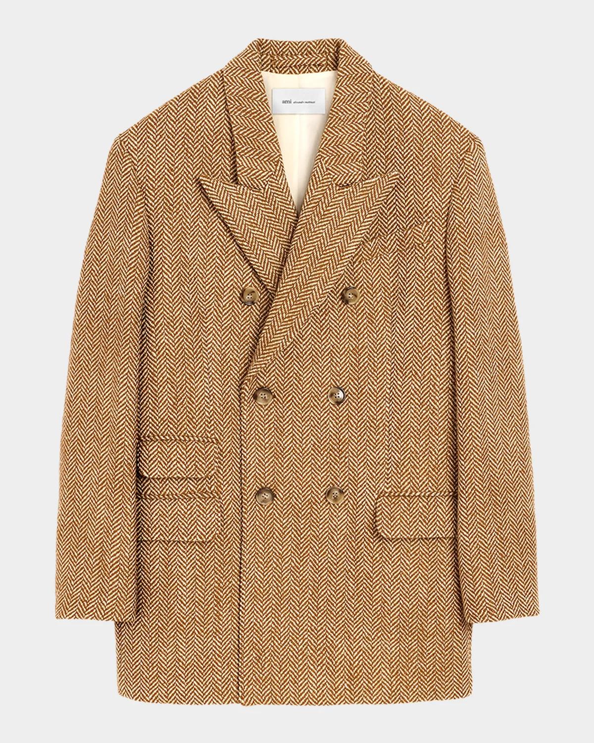 Ami Paris Double-Breasted Herringbone Wool Oversized Blazer Jacket